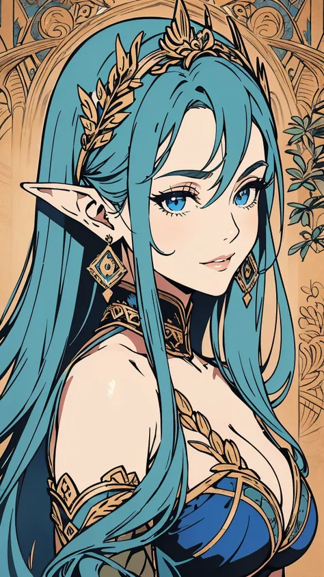 1 girl, Beautiful elf lady, begie blue Long straight hair, upturn elf pointy ears, sexy figure, charming cleavage, very beautiful face, detailed face, delicate eyes, detailed pupil, beautiful and delicate lips, pale skin, Serious, arrogant, absurd, gorgeou...