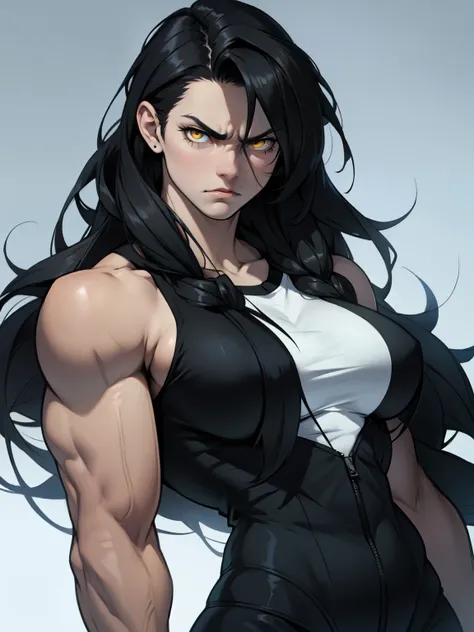 giant muscles huge breasts massive hair pale skin black hair yellow eyes long straight hair angry sad sad girl sad