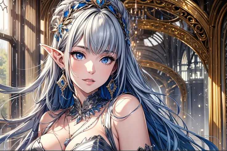 1 girl, Beautiful elf lady, begie blue Long straight hair, upturn elf pointy ears, sexy figure, charming cleavage, very beautiful face, detailed face, delicate eyes, detailed pupil, beautiful and delicate lips, pale skin, Serious, arrogant, absurd, gorgeou...