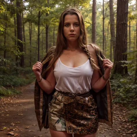 Autumn Scene
Prompt:
In a dense forest painted with the colors of autumn, LaGermania moves with purpose. She wears a woven bark skirt and a tunic made from soft animal hide, both decorated with autumnal motifs and symbols. Her hair is braided and adorned w...