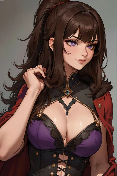 ((masterpiece)), ((best quality)), 1girl, adult, long hair, big bust, ((brown hair)), ((intimidant look)), ((close-up)), profile image, black and red clothes, sexy, dark colors, ((coat with fur)), ((wavy hair)), exposed skin, ((sexy pose)), good anatomy, (...