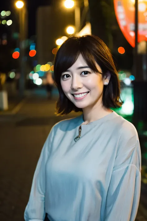 A middle-aged woman who resembles Emi Wakui、A blouse that reveals a little bit of the chest and straight pants、A little smile、Blurred city night view、Turning towards me