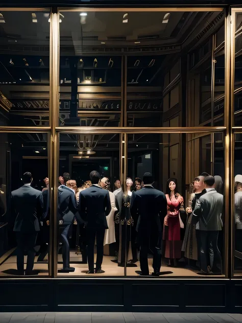 a group of men in suits and ties admiring the display window of a women's fashion store, highly detailed, extremely realistic, c...