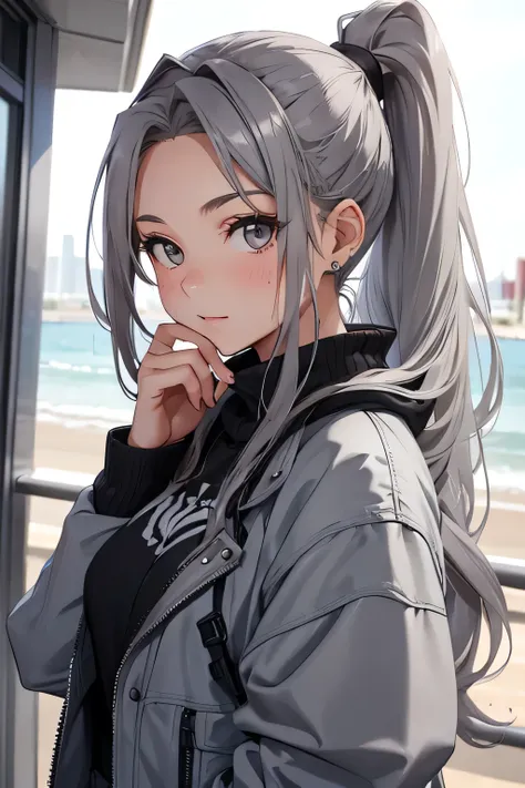 girl, 18 years old, gray windblown hair, ponytail, gray eyes, idol outfit