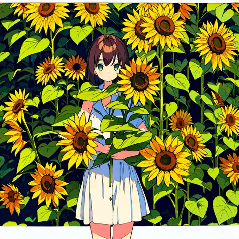 Plain background, girl in , simple, summer, nostalgic, sunflower