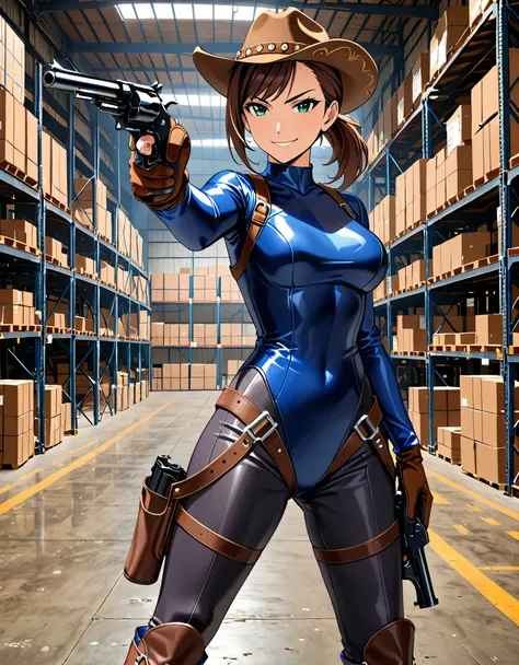 masterpiece, best quality, 1lady, solo, solo focus, (tall body), hispanic, brown hair, short hair, ponytail, blue-green eyes, medium breasts, beautiful detailed eyes, beautiful detailed face, smirk, ((brown cowboy hat)), (bodysuit, (solid blue bodysuit, le...