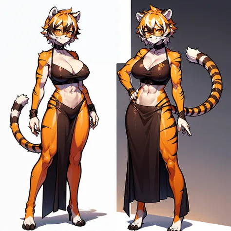 white background, full body, ((female furry)), Standing ，animal ears,  white hair, black hair, round eyewear, glasses, OPPEIN, short hair, large breasts, muscle, tail, orange eyes, orange hair, multicolored hair, tiger girl, furry female, hair between eyes...