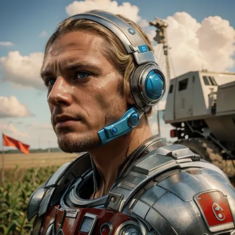 cyborg soldier man, Russian face, scars on his face, sibernetic grafts, cables and tubes, the back of his head is cyborg, Russian face with light blue eyes, blonde hair, cybernetic inserts, modern armor with red metal shoulder pads, the flag of the Soviet ...