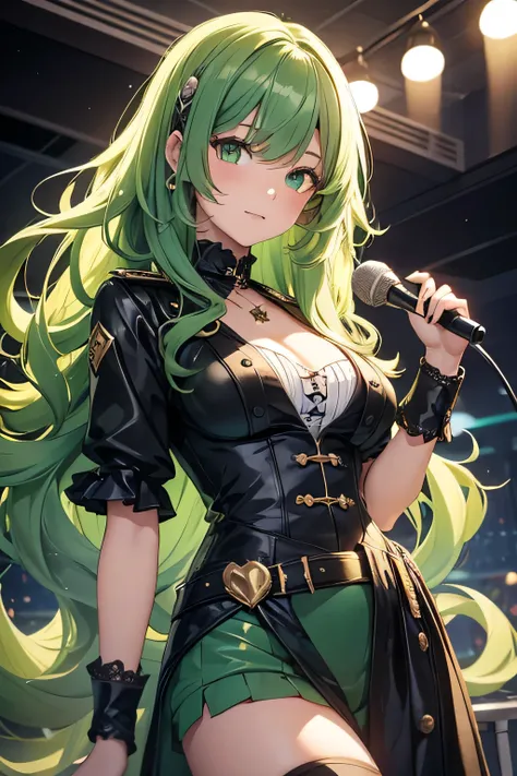 girl, 18 years old, long green hair, curly hair, green eyes, idol outfit