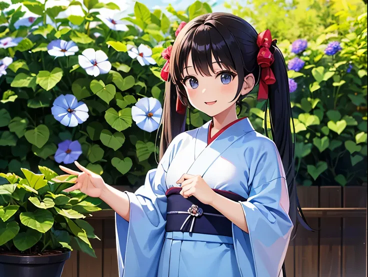 Morning glory market　Summer sky　Summer sunshine　Morning glory market　Light blue long hair　beautiful girl with twin tails　Beautiful girl in yukata　Many potted morning glories are lined up　Bright smile　