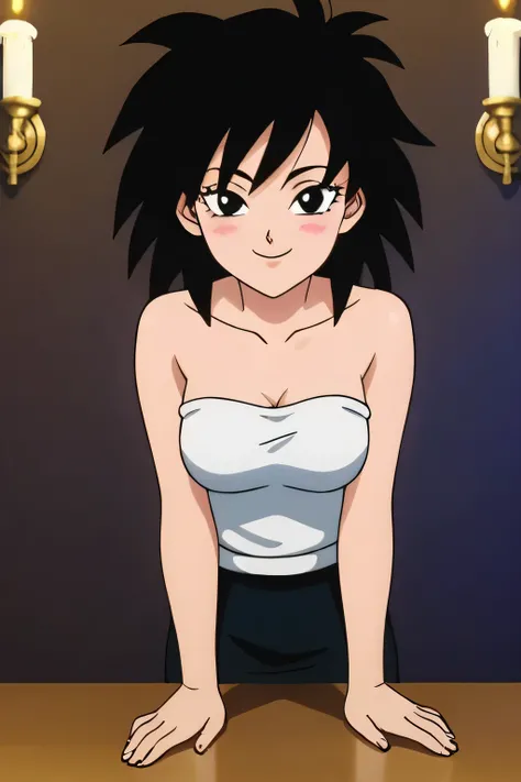 source_anime, score_9,score_8_up, score_7_up, ginedb, anime screencap, 1girl, solo, looking at viewer, smile, medium breasts, black hair, bare shoulders, medium breasts, smile, standing, cowboy shot, medium hair, black eyes, spiked hair, eyelashes, masterp...