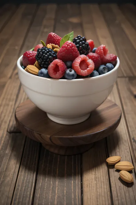 A bowl of berries and nuts, minimalistic background