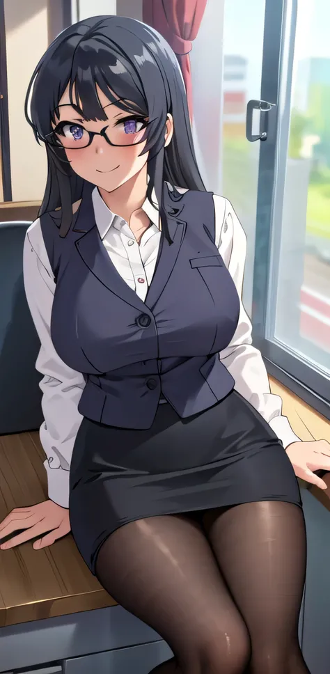 best quality, masterpiece, highres, solo,((masterpiece, best quality)), mai sakurajima, long hair, black hair , mature woman, 20y, purple eyes, beautiful eyes, detailed eyes, thick_thighs, shirt, skirt, pencil skirt, glasses, office, office lady, short ski...