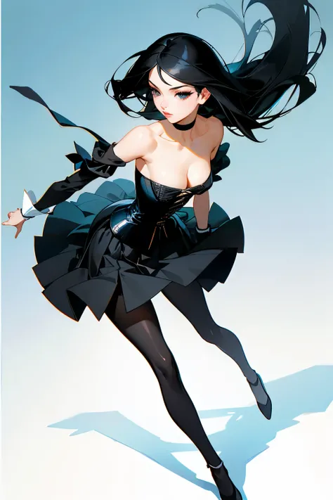 A sexy skinny anime girl with small round breasts dressed in a black corset, bare shoulders, short black pleated skirt, slender legs, small beautiful face, black eyes with makeup dark on her eyelids, dark lipstick, long black hair flying in the wind, she i...