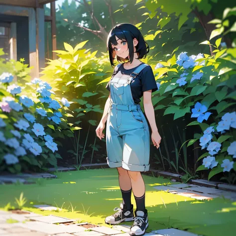 (high quality, High resolution, Very detailed, reality:1.37), Peaceful atmosphere, (Outdoor, garden), Teenage girl standing alone, (my breasts are big.), Beautiful details, Cute Smile, (Black bob hair), Short sleeve shirt, Overalls, Blue socks, sneakers.