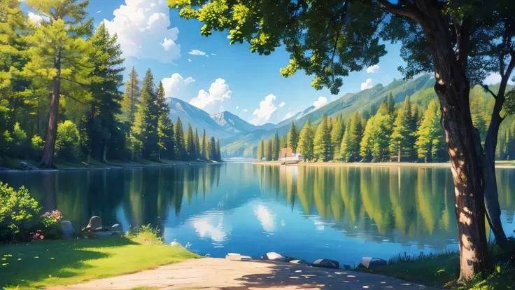 masterpiece, best quality, absurdres, illustration, background, landscape, summer camp (large cabins, trees, lake in the distance)