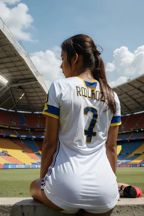 Photograph of a woman sitting looking (towards the stadium) a Colombian soccer game with a number "4" And the name "Ross" in the Colombian national team shirt