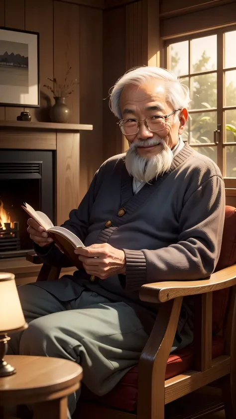 An old Asian man, about sixty years old, smiling appearance, eyes looking straight at the camera. he is sitting reading a book. in a cozy room with a fireplace behind it and a large glass window behind it is a beautiful golden mini moon, comic style, 4k re...