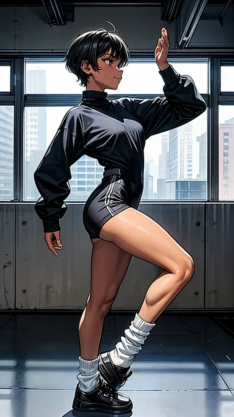 (From above2.0,from side),Inside the sports gym,inside the dance studio,One 16 years old girl,sweat,dark skin color,short black hair,displeased,sulky,seductive smile,high-neck-leotard,((loose socks)),((loose socks)),(sneaker),bodysuit,standing,spread legs,...
