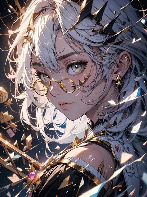 portraite, long hair, White hair, gold eyes, 1 girl, Head, face, magic, absurderes, work of art, best qualityer, magic costume, ((mahou shoujo)), shorth hair, desolation, ruins, dynamic pose, apocalypto, spell, Style-Glass, full body shot shot