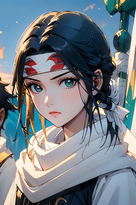 ((masterpiece、Highest quality、Super detailed))、1 girl、solo、scarf、head band、arms、Best Quality、Black Hair、Braid、ponytail、Green Eyes、Headband、Upper Body、looking at the camera、grassland