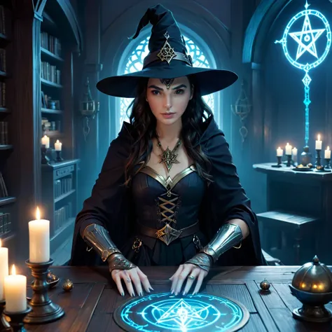 depicts a modern-day witch (Gal Gadot) who has embraced the world of cybernetics to enhance her magical abilities. The artwork should convey the enchanting blend of traditional witchcraft and futuristic technology. Here are some specific elements to includ...