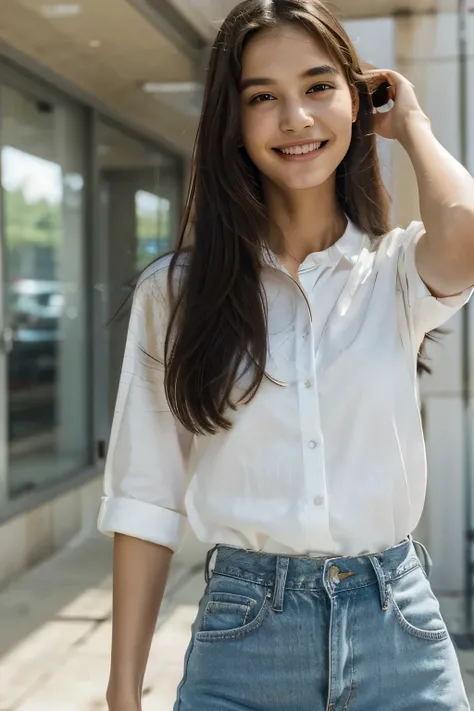 masterpiece, best quality:1.4, realisticlying:1.4, 1girl skinny with beautiful skin (bright skin), shy smile, long hair, white shirt, jean skirt, arms on side, 