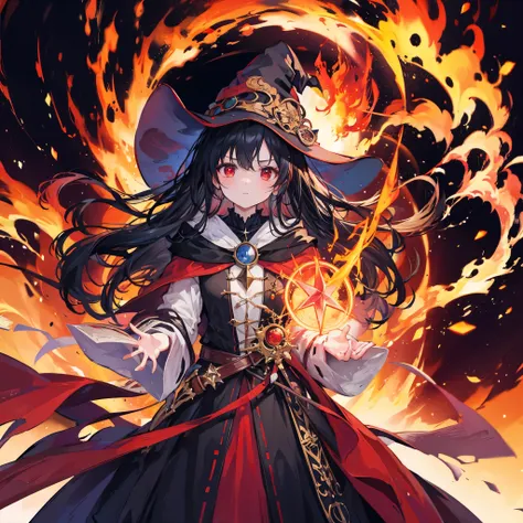 ((((witch))))　(((wand of flame　grimoire　stand on a magic circle)))　((black hair　witchの帽子　red eyes　looking down))　((explosion　fir...