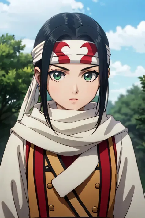 ((masterpiece、Highest quality、Super detailed))、1 girl、solo、scarf、head band、arms、Best Quality、Black Hair、Braid、ponytail、Green Eyes、Headband、whole body、action、looking at the camera、grassland