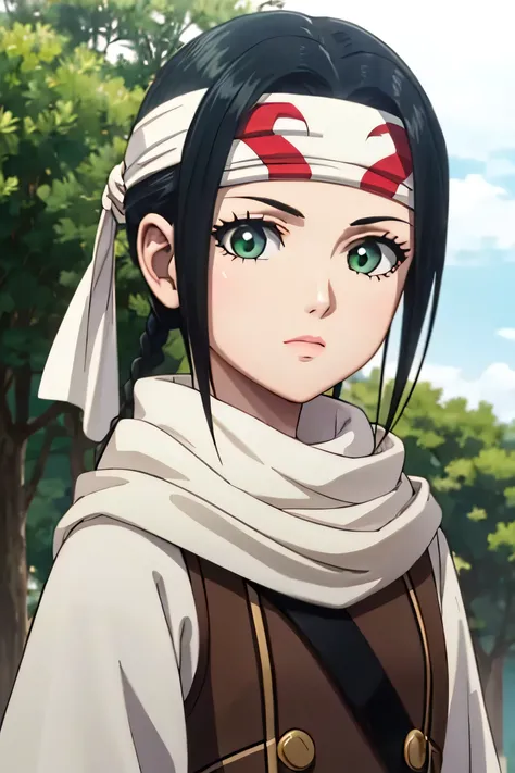 ((masterpiece、Highest quality、Super detailed))、1 girl、solo、scarf、head band、arms、Best Quality、Black Hair、Braid、ponytail、Green Eyes、Headband、whole body、action、looking at the camera、grassland