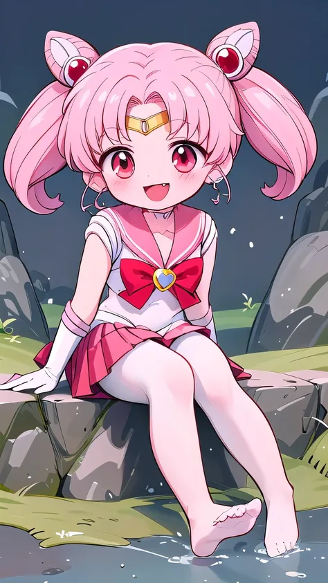 high quality，Sailor Moon，young年，Seven years old，cute，Metal hairpins，（little girl），（Little Loli），Pink Hair，short hair，（Red hairpin），（Double tail），Sailor Suit，Red bow，White elbow gloves，Red Skirt，(White pantyhose:1.5)，(young)，(Small)，（小Short legs）（No shoes），...