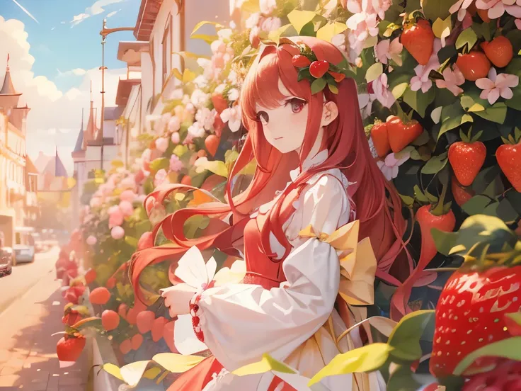 Strawberry kids Princess, long red hair, strawberry world, Wonderland, beautiful detail background, scenic, ultra detail, ultra sharp, beautiful eyes