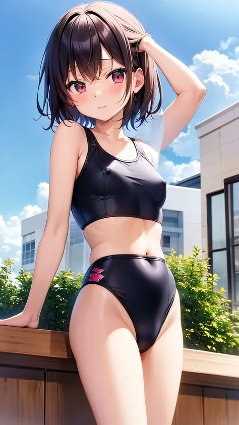 Rin around 15 years old々A beautiful anime-style girl is wearing a small school swimsuit with a shy face and is pointing her butt towards you.。Nipples and navel are visible。pussy line。
Nipples are erect