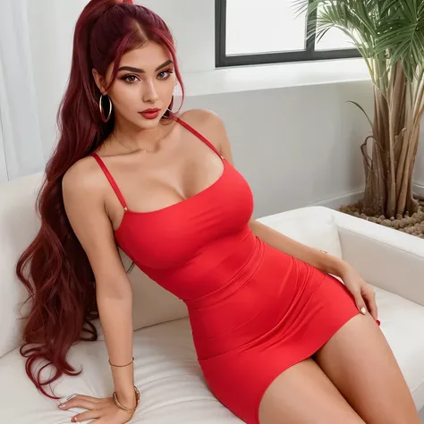 "Generate an image of Marina, a 25-year-old modern Indian influencer, in a realistic setting. She is wearing a tight-fitting, sleeveless, red bodycon dress with a scoop neckline that ends above the knee, accentuating her figure with an increased bust size,...