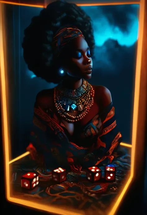 4D portrait of a full body image of a Black woman dressed in African designed clothes with neon lit glowing red and blue dice floating around her, with red and blue dice lighting the scene, dim lit scene with only the red and blue dice shining in the scene...