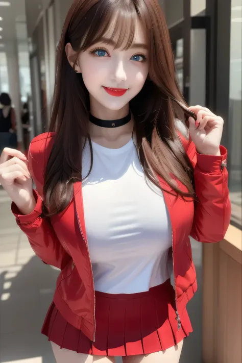 100 Girls,Crowded, Long Hair, Brown Hair, sexy, A line of girls, Girls in line, Girls only, Sisters, ((tight white shirt、Bright red jacket、Black Mini Skirt))，Full body photo:1.9， Adorable， smile， Slim face, the body is slim， Short Brown Hair， 32k, masterpi...