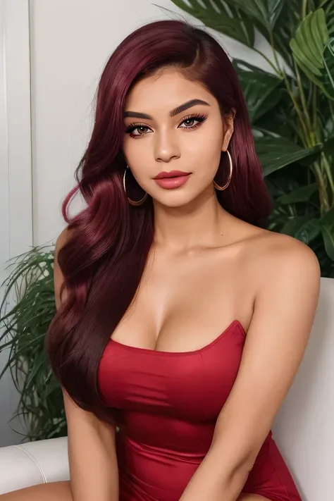 "Generate an image of Marina, a 25-year-old modern Indian influencer, in a realistic setting. She is wearing a tight-fitting, sleeveless, red bodycon dress with a scoop neckline that ends above the knee, accentuating her figure with an increased bust size,...