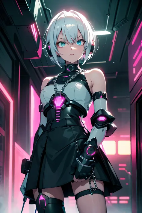 android girl,white hair,short and messy hair, purple neon eyes, holding a chain whip,chains on the hands,chains action, chains a...