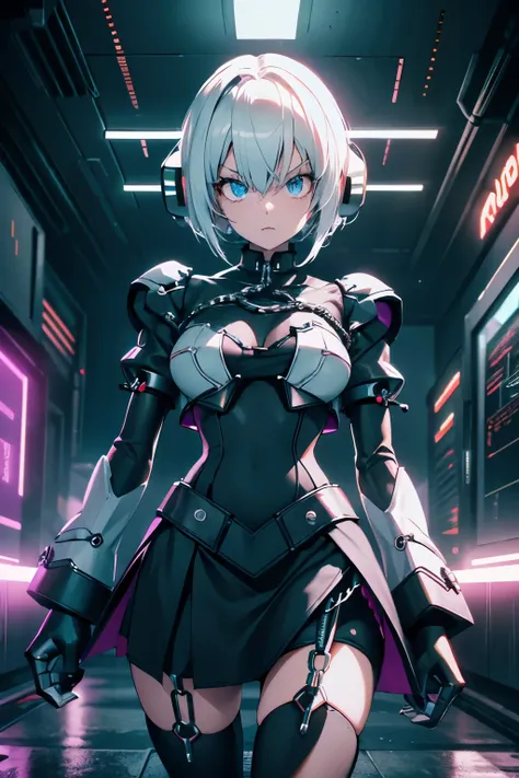 Android Girl,white hair,short and messy hair, purple neon eyes, Holding a chain whip,chains on the hands,chains action, chains around her arm, very cute, skirt, white blouse, cyberpunk style, eletronic gloves, mecanic parts, eletronic details,living room b...