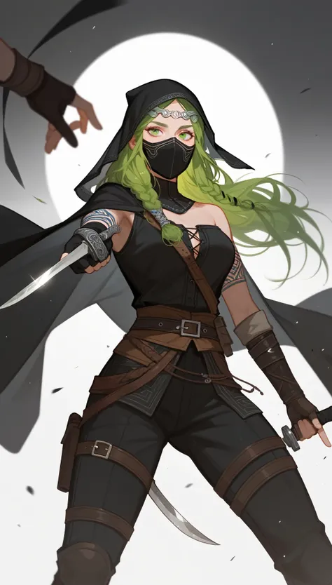 (Fraction_9,Fraction_8_Direction_7_up),1 a woman,（（（bust）））, assassin信条，assassin，Rogue，Man in black，Show your thighs，Green Hair，Eye，There is a flying knife on the waist，Dagger in hand，Masked，Black veil，Sharp eyes，Norse mythology costumes，No background，