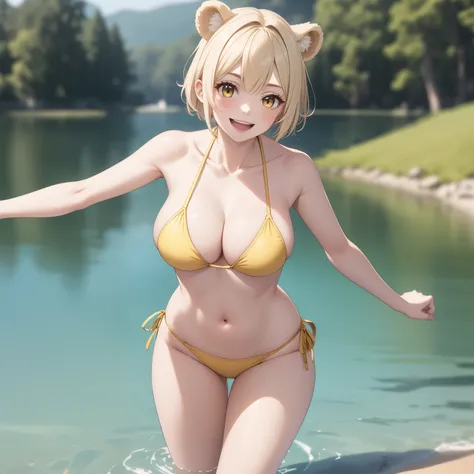  woman 24 years old,  happy smile open mouth, short ash blonde hair, short hair, bear ears, amber yellow eyes, short hair, mischievous smile, big breasts,  Bikini, background of a lake. ash blonde hair. 1 single woman single woman