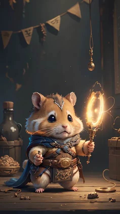 Cute hamster、(Loincloth:1.1)、([Tailed|Detail Wire]:1.3)、(Intricate details)、Hmph、(Hyper Detail:1.2)、Cinema Lenses、Halo Shadow、central、Ghibli style background