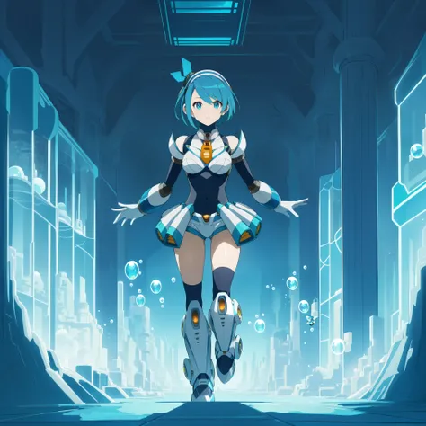 rico_megamanxdive, 1girl, solo, blue eyes, short hair, blue hair, android, high quality, masterpiece, standing in an underwater city with lots of bubbles, in the style of yuumei, intricate architectures, indigo, miniature illumination, daniel f. gerhartz