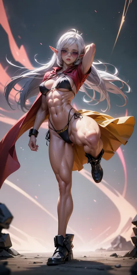 Subject:
1 Solo Female Drow Elf
Physical Description:
Purple Skin
Long White Hair
Strong Body with Abs
Shiny Skin (Ultra Quality)
Attire:
Yellow Tiger Bikini (underneath)
Red Cape (flowing)
Pose:
Standing Pose
Background:
Cinematic Street Scene (Atmospheri...