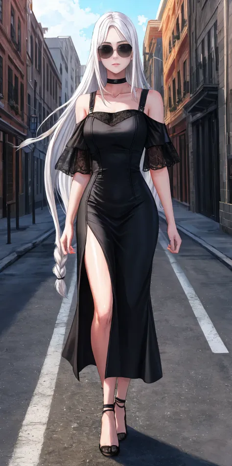 ultra quality, shiny skin, atmospheric, 8k, cinematic ((street background)) break ((long white hair)) narrowed black eyes, long ...