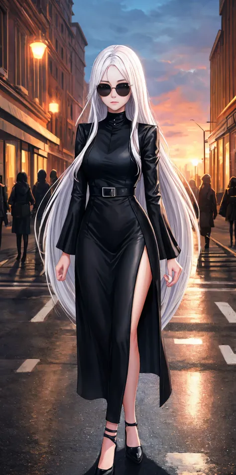 ultra quality, shiny skin, atmospheric, 8k, cinematic ((street background)) break ((long white hair)) narrowed black eyes, long ...