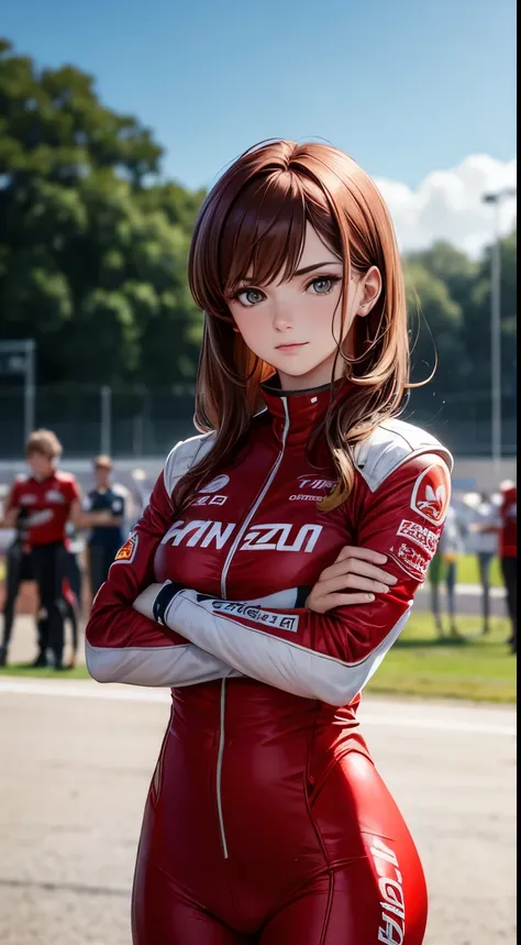 Female racer in red racing suit stands in front of red racing bike　Brown hair with bangs　Monza Circuit　Before the start of the race　Standing nervously with arms crossed　Portraiture　Portrait