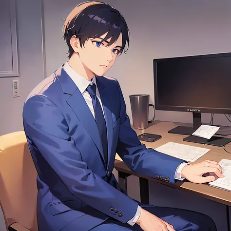 upper body、shiny skin, side angle, (looking away:1.5), masterpiece、Highest quality、(25-year-old male:1.5) and (Black short hair) and (blue eyes), (Wearing a suit:1.5) and (Blue tie)、Sitting、Serious expression、Background: Company、(Alone:1.5)、computer