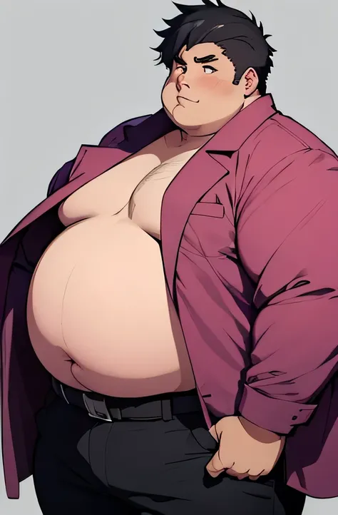 extremely fat anime boy with handsome face, pink shirt, black pants, belt, massive and gigantic belly, 300 pounds heavy, obese, huge stomach, black jacket