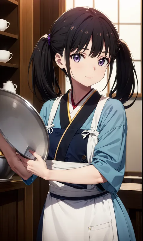 Takiuchikami, Long Hair, bangs, Twin tails, Black Hair, (Purple eyes:1.1),smile,
break japanese clothes, Blue Kimono, apron, waist apron, waitress,White tabi,whole body,food, drink, Table Cleaning, tray, tray in one hand
break indoors, hostel,
break lookin...